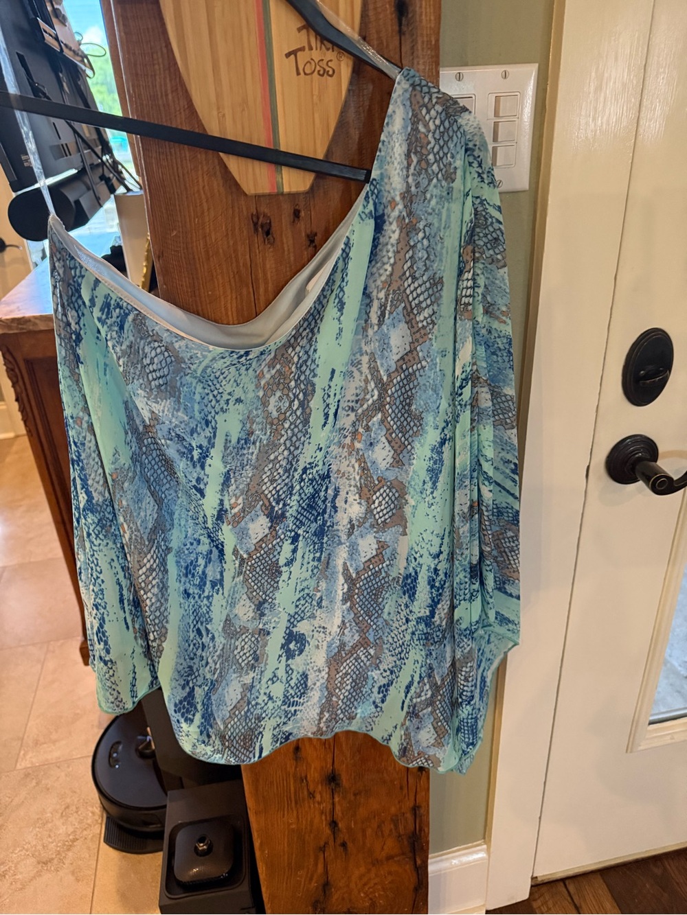 Adrienne Women's Mint Blue Snake-Print One-Shoulder Draped Top